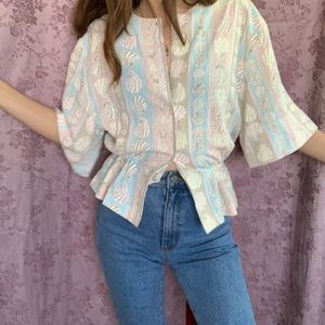 Vintage shell print button down peplum blouse